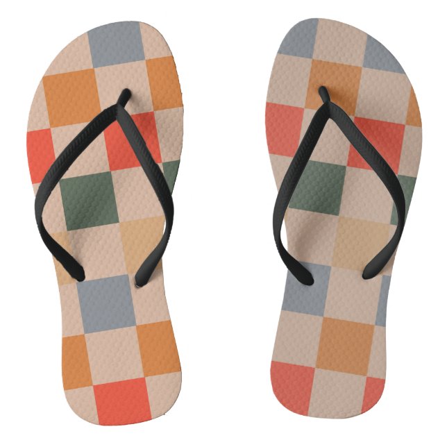 Blue Beige Orange Brown Chequered Gingham Pattern Jandals (Footbed)