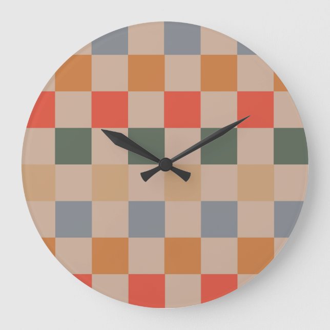 Blue Beige Orange Brown Chequered Gingham Pattern Large Clock (Front)