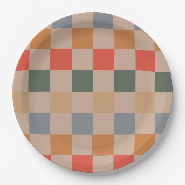 Blue Beige Orange Brown Chequered Gingham Pattern Paper Plate (Front)
