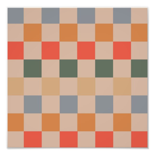 Blue Beige Orange Brown Chequered Gingham Pattern Photo Print (Front)