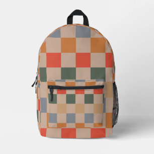 Blue Beige Orange Brown Chequered Gingham Pattern Printed Backpack