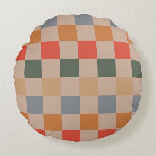 Blue Beige Orange Brown Chequered Gingham Pattern Round Cushion (Front)