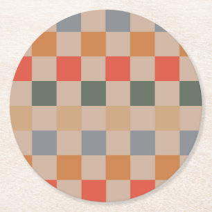 Blue Beige Orange Brown Chequered Gingham Pattern Round Paper Coaster
