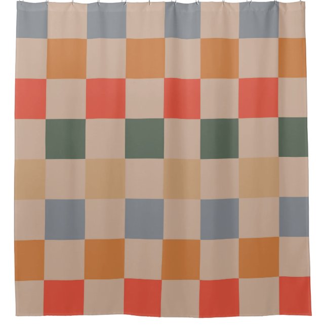 Blue Beige Orange Brown Chequered Gingham Pattern Shower Curtain (Front)