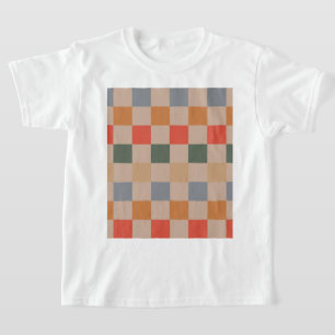 Blue Beige Orange Brown Chequered Gingham Pattern T-Shirt