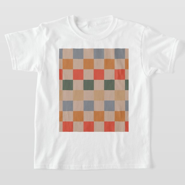 Blue Beige Orange Brown Chequered Gingham Pattern T-Shirt (Laydown)
