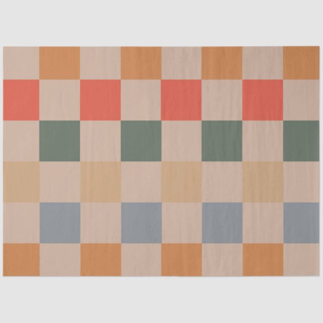 Blue Beige Orange Brown Chequered Gingham Pattern Tissue Paper (Front)
