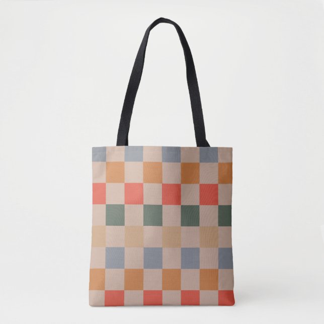 Blue Beige Orange Brown Chequered Gingham Pattern Tote Bag (Front)