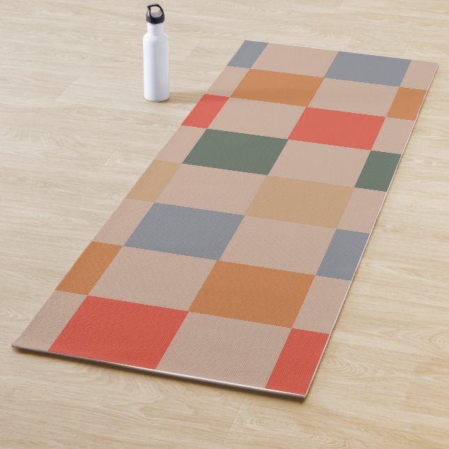 Blue Beige Orange Brown Chequered Gingham Pattern Yoga Mat (In Situ)