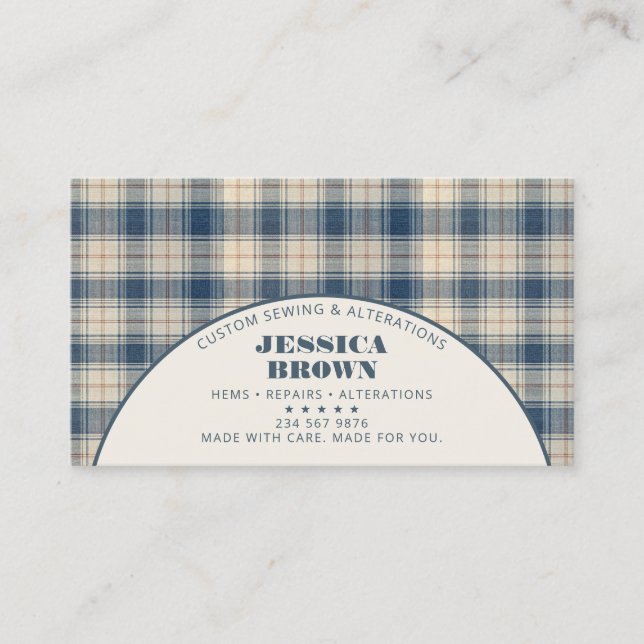Blue Beige Plaid Rustic Modern Business Card (Front)
