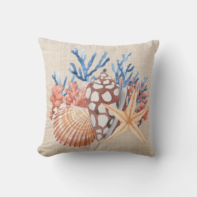 Blue Beige Seashells Starfish Coral Coastal Beach Cushion (Front)