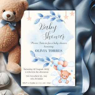 Blue Beige,Teddy Bear,Balloons, Baby shower boy Invitation