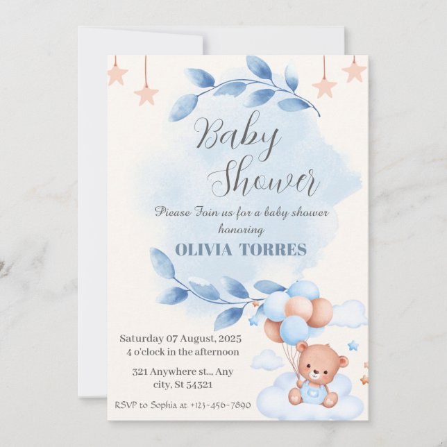 Blue Beige,Teddy Bear,Balloons, Baby shower boy Invitation (Front)