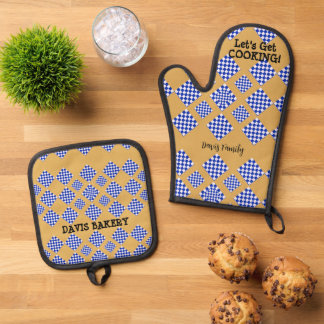 Blue Beige White Chequered Oven Mitt & Pot Holder Set