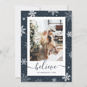Blue Believe Photo Snowflake Holiday Card