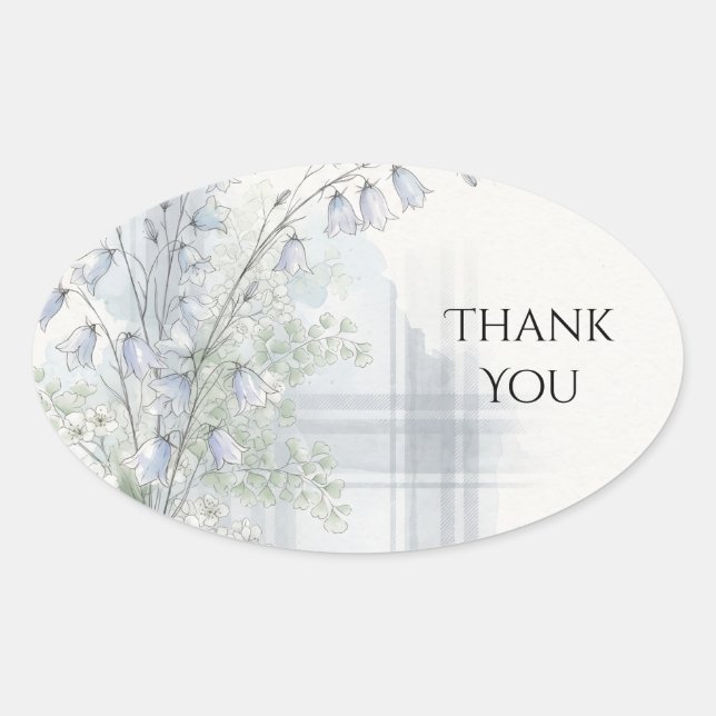 Blue Bellflower Tartan Wedding Thank You Sticker (Front)