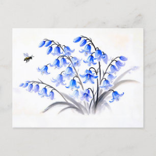 Blue Bellflowers Asian Ink Painting Holiday Postcard