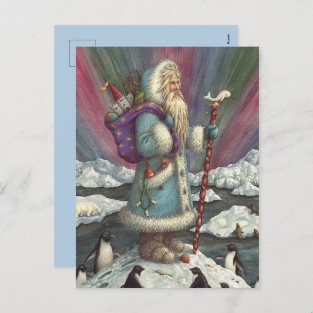 BLUE BELSNICKLE, NORTHERN LIGHTS & PENGUINS HOLIDAY POSTCARD (Front/Back)