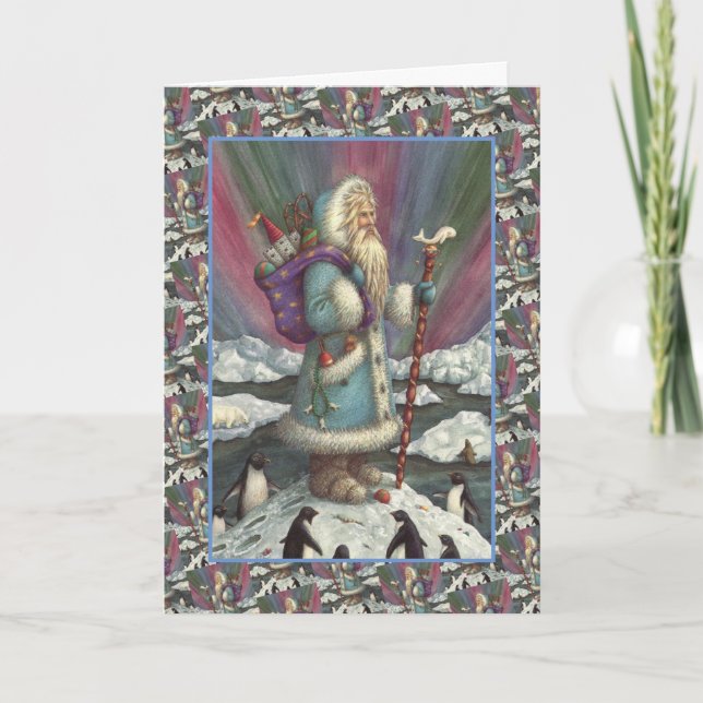 BLUE BELSNICKLE, NORTHERN LIGHTS & PENGUINS Verse Holiday Card (Front)