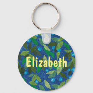 Blue Berries Minimal Floral Pattern Customised Tex Key Ring
