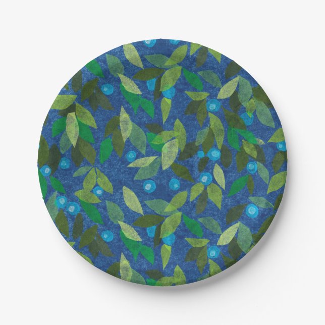 Blue Berries Minimal Floral Pattern Paper Collage Paper Plate (Front)