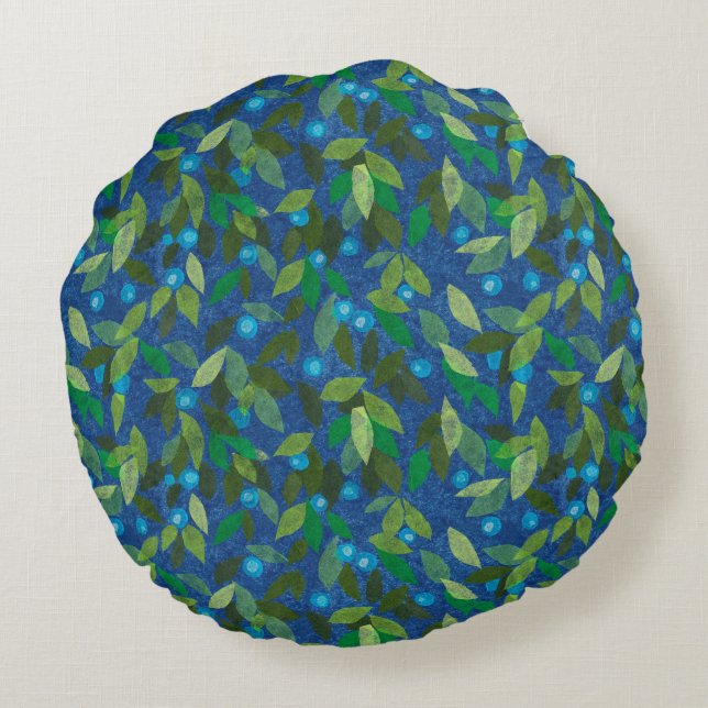 Blue Berries Minimal Floral Pattern Simple Botany Round Cushion (Back)