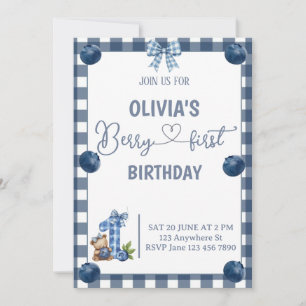 Blue Berry First Birthday Gingham Invitation 