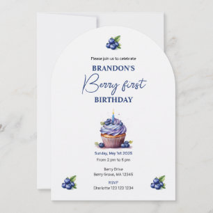 Blue Berry First Birthday Watercolor Custom photo Invitation