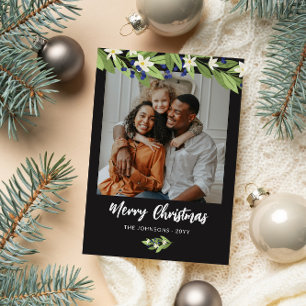 Blue Berry Greenery Photo Merry Christmas Holiday Card