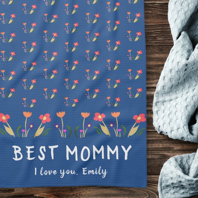 Blue Best Mum Flower Pattern Drawing Mother`s Day Tea Towel (Creator Uploaded)