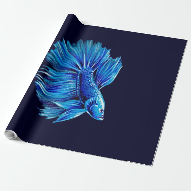 Blue Betta Fish on Navy |Aquarium Lover Wrapping Paper (Unrolled)