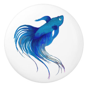 Blue Betta Fish Watercolor Ceramic Knob