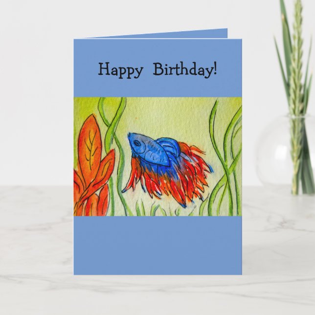 Blue Betta Fish Watercolor Painting Greeting Card (Front)