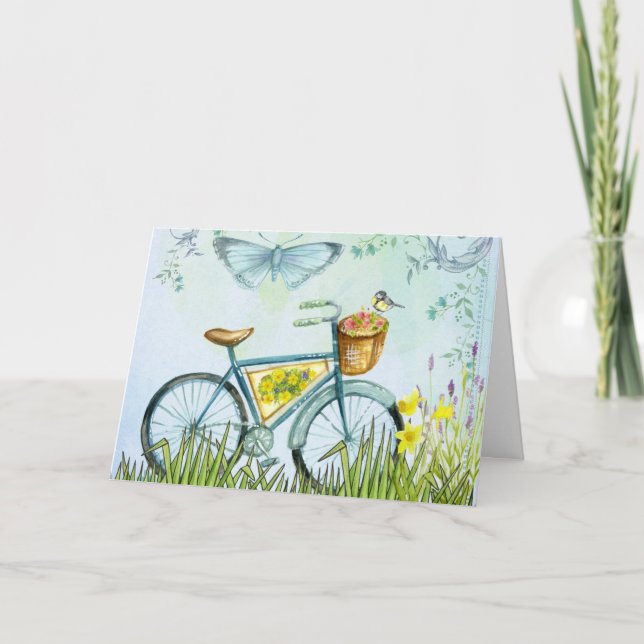 Blue Bicycle Basket Flowers & Bird Card (Front)
