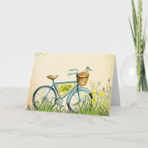 Blue Bicycle Basket Flowers & Yellow Bird Card