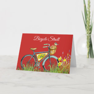Blue Bicycle Basket Of Flowers & Bird Red Card
