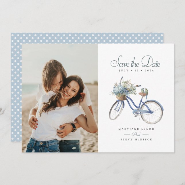 Blue Bicycle Bohemian Watercolor Wedding Photo Save The Date (Front/Back)