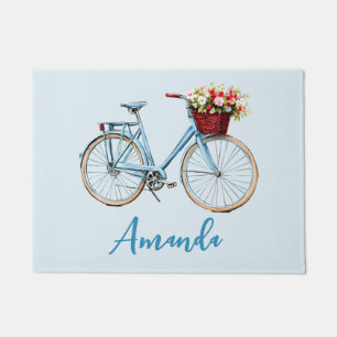 Blue Bicycle Spring Flowers on Pale Blue Doormat