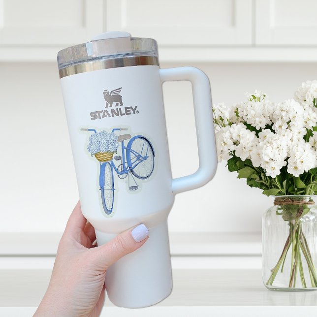 Blue Bicycle with Hydrangeas Vinyl Sticker (blue bicycle sticker with hydrangeas Hamptons)