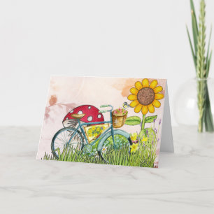Blue Bicycle Yellow Sunflower Mushroom Bird Pink Card