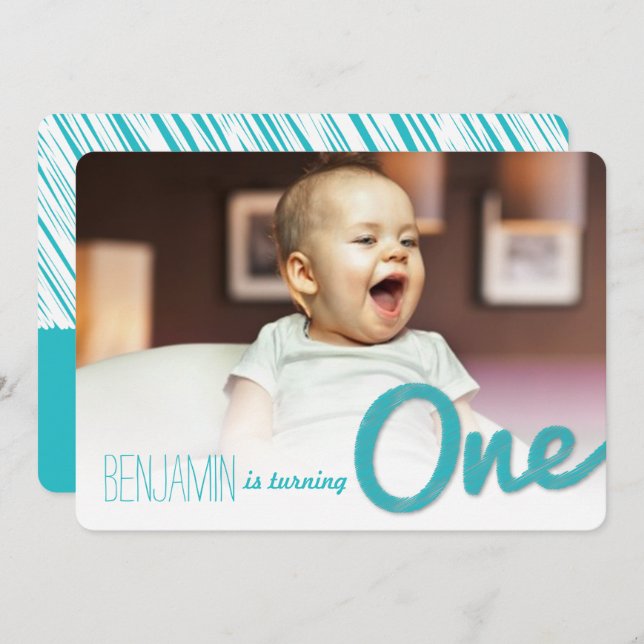 Blue Big Sketch One Baby Boy's 1st Birthday Party Invitation (Front/Back)