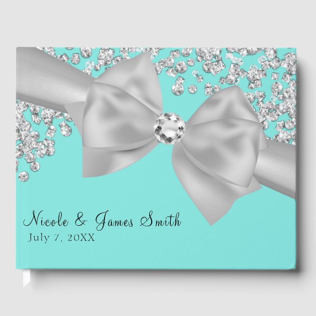 Blue Big White Bow Diamonds Chic Wedding Guest Book (Front)