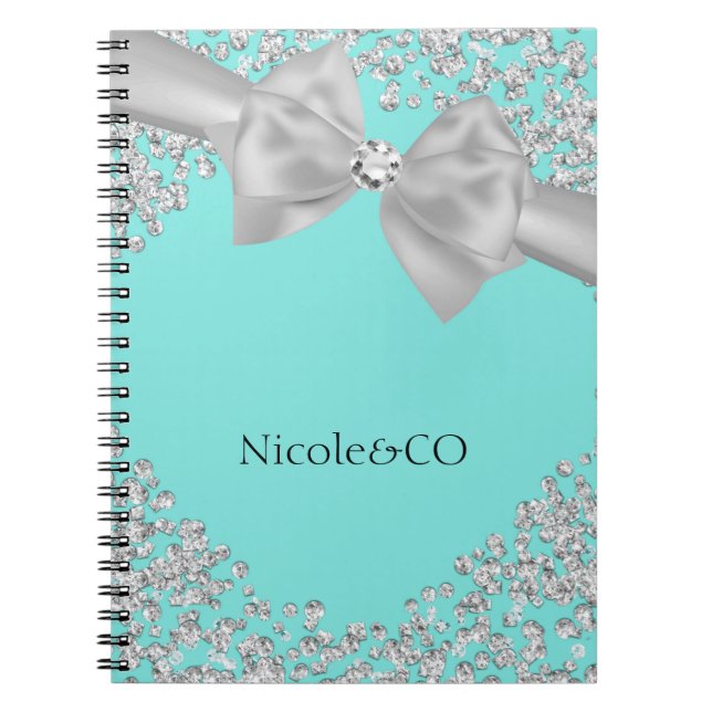 Blue Big White Bow Diamonds Glam Custom Spiral Notebook (Front)