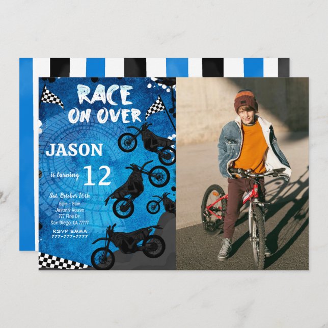 Blue Bike Birthday Photo Invitation  (Front/Back)