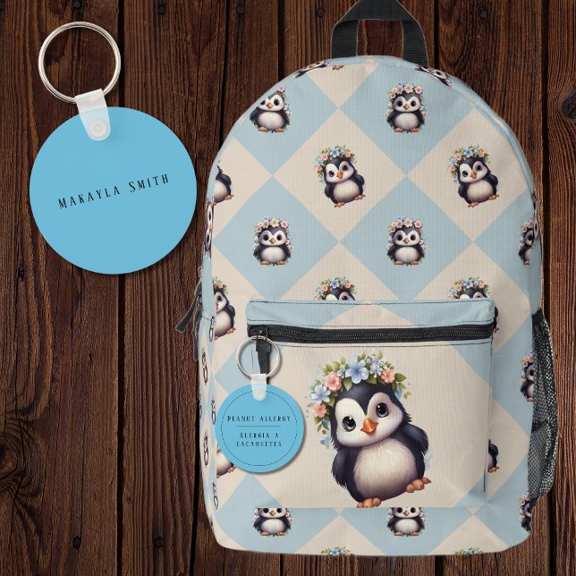 Blue Bilingual Peanut Allergy Alert Spanish Key Ring (Blue Bilingual Peanut Allergy Alert Custom name & Spanish text multilingual Project)