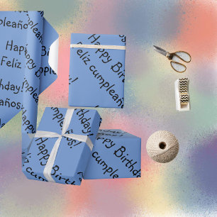 Blue Bilingual Wrapping Paper Happy Birthday