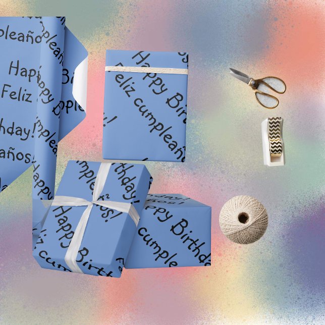 Blue Bilingual Wrapping Paper Happy Birthday (Bilingual blue wrapping paper, happy birthday Spanish. Multiligual project)