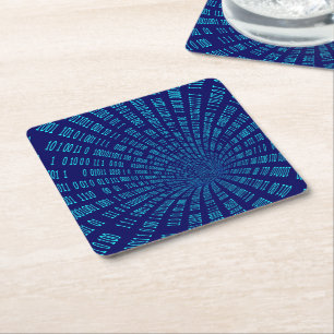 Blue Binary Tunnel Data Stream Concept Square Paper Coaster