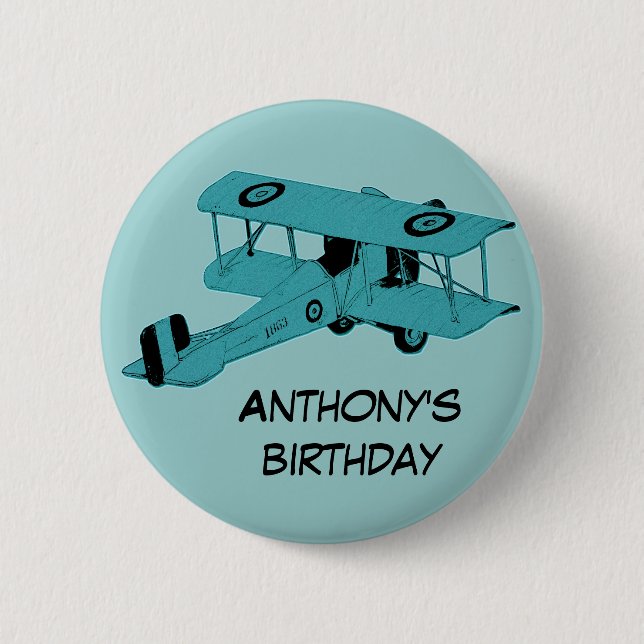 blue biplane birthday pin button (Front)