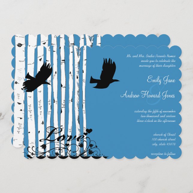 Blue Birch Love Bird Forest Wedding Invitations (Front/Back)